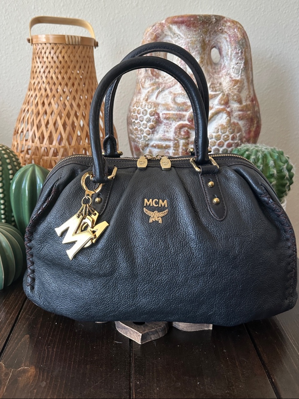 MCM Black Leather Satchel Hobo with Gold Accents and MCM Gold Charm